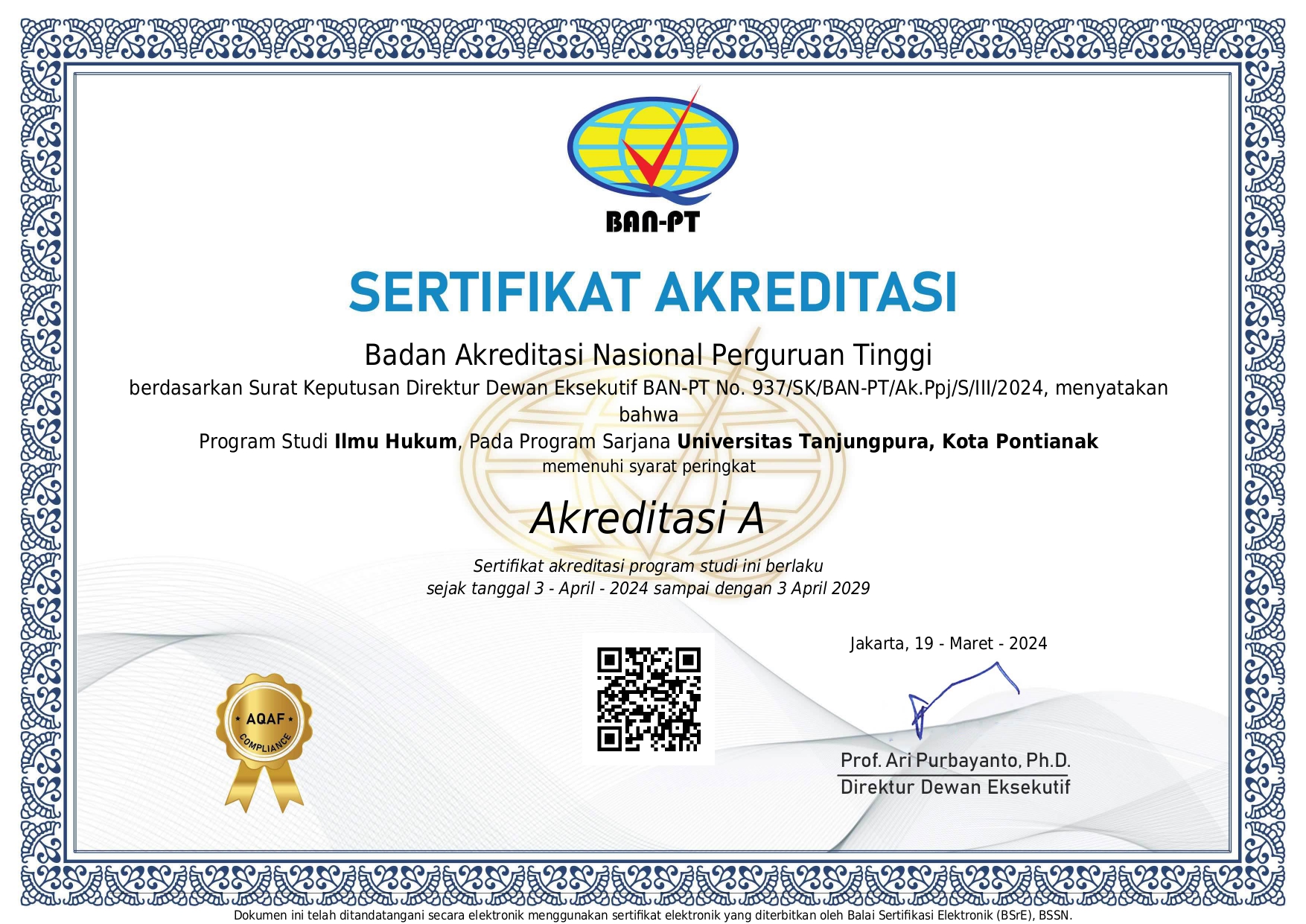 Sertifikat Akreditasi FH UNTAN