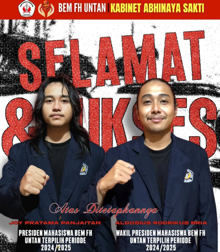 Selamat kepada Joy Pratama Panjaitan dan Aldosius Rodrikus Bria yang telah terpilih sebagai Presiden Mahasiswa dan Wakil Presiden Mahasiswa BEM Fakultas Hukum Untan periode 2024-2025.