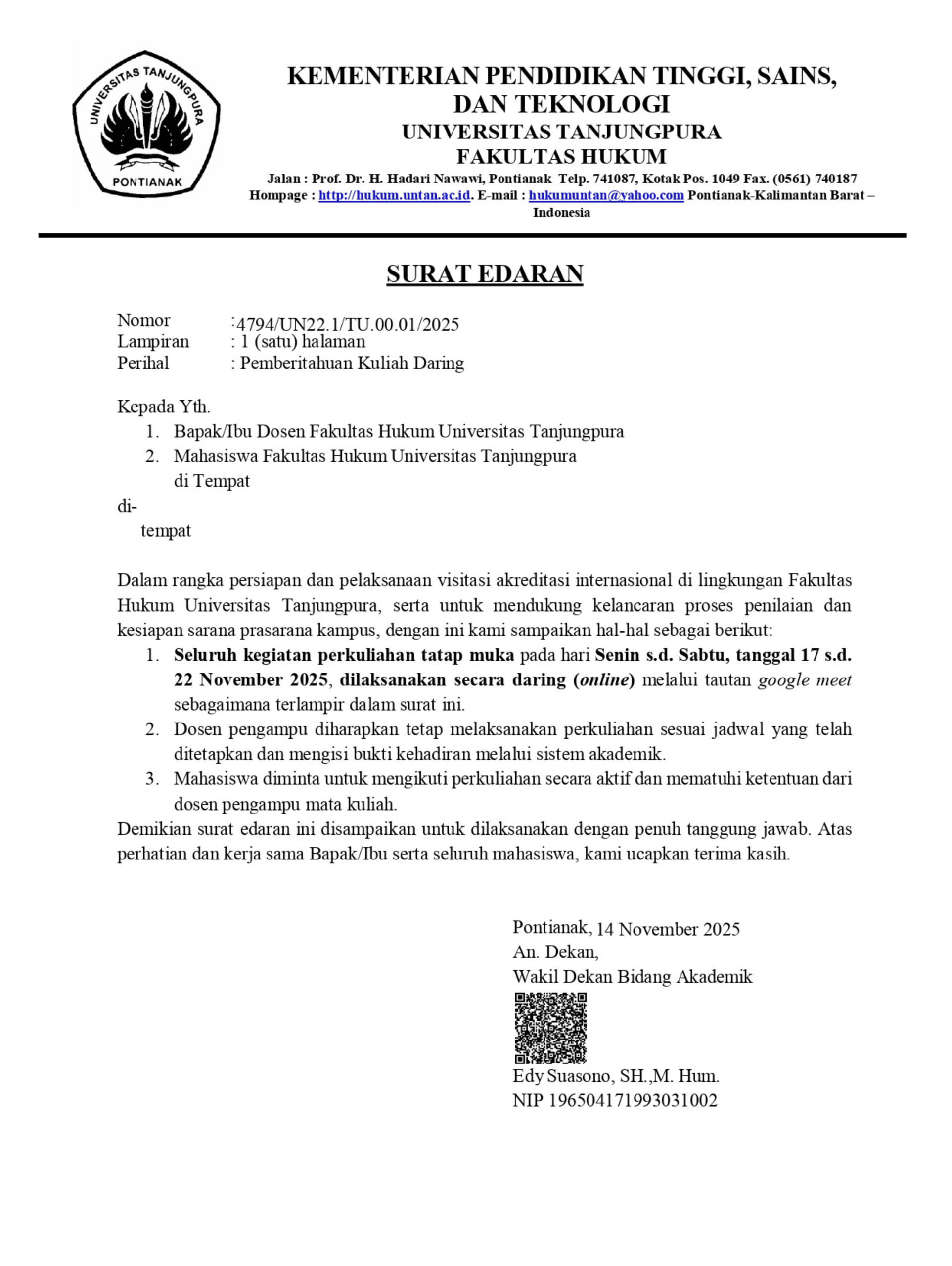 PENGUMUMAN KULIAH DARING - NOP 2025-fh untan