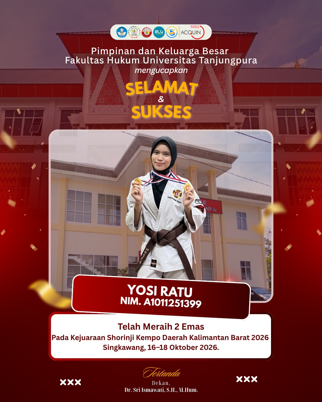 Yosi Ratu, menorehkan prestasi membanggakan pada Pra-Porprov Kejuaraan Daerah Antar Dojo Shorinji Kempo se-Kalimantan Barat di Singkawang, 16–18 Oktober.